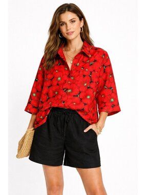 Vintage Jones New York 100% Linen Blouse M Red Flowers Boxy Cut Island Vacation